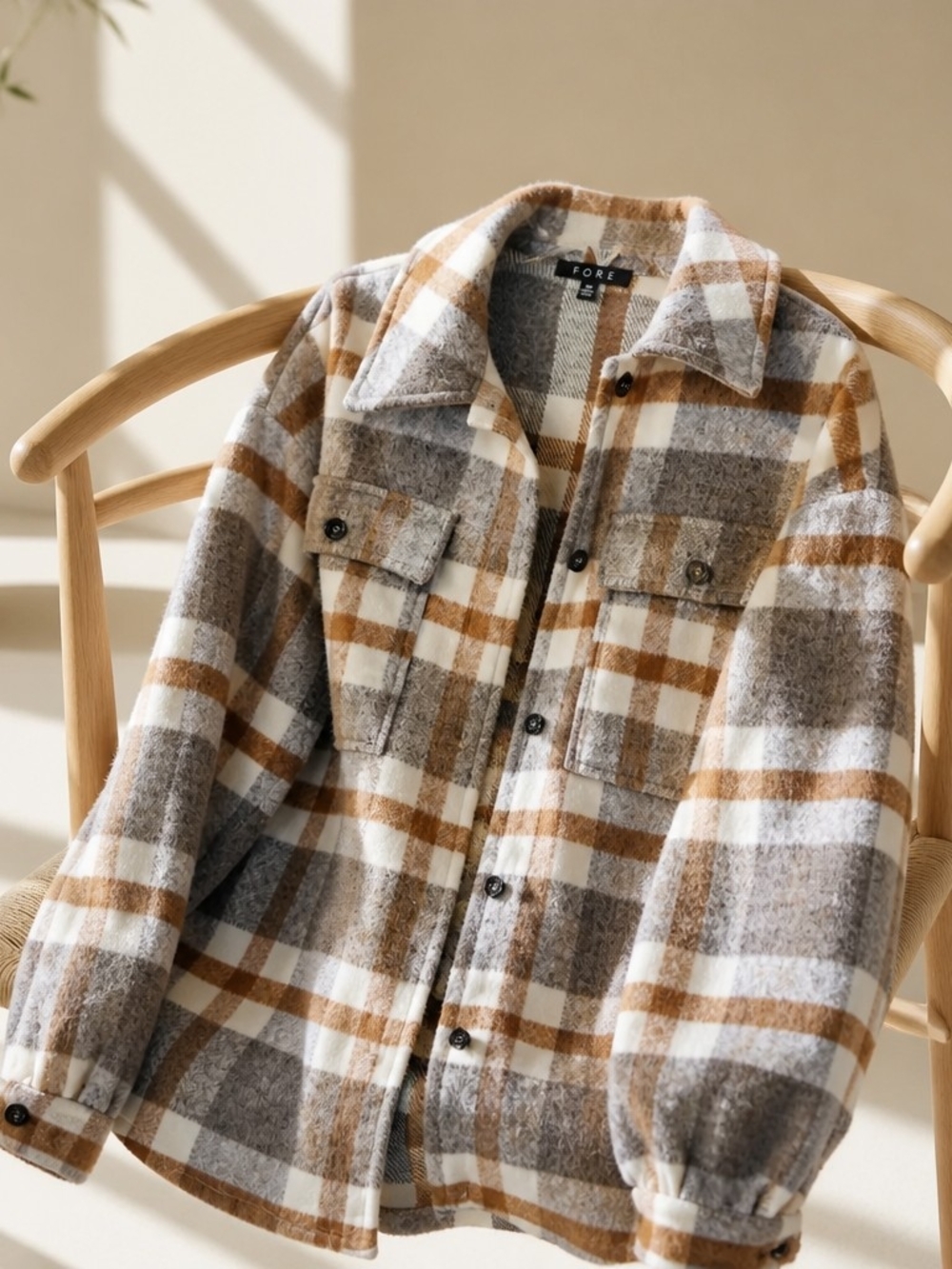 Fore Women's XLG Plaid Wool Blend Button Front Jacket Grey Tan Cream